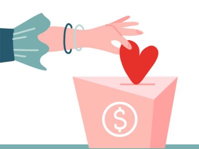 Female hand pushing heart love in box charity and donation concept. Flat vector illustration. Container for monetary donation with dollar sign. Charity symbol of hand putting money into the box